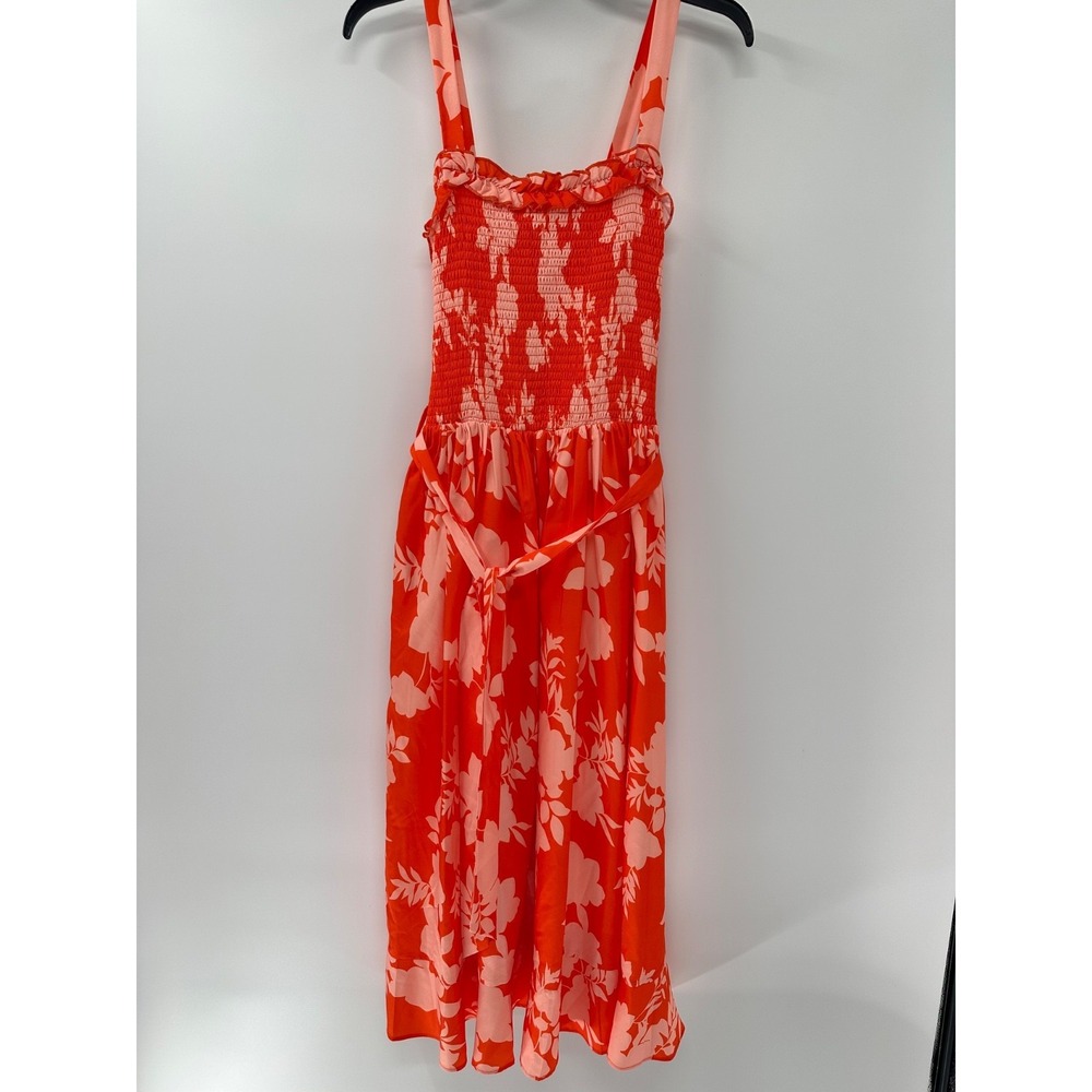 Johnny Becca Bright Orange Floral Maxi Dress | Smocked Bodice Sun Dress | Small